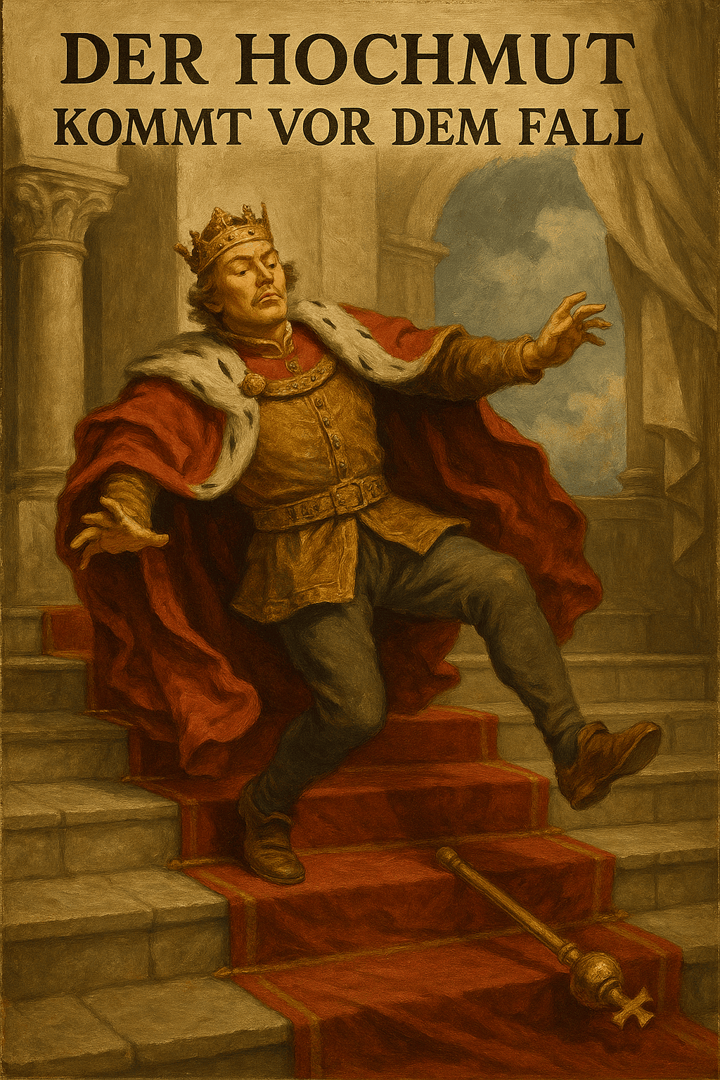 Ein König, der auf eine Stufe ausrutscht und droht zu fallen.