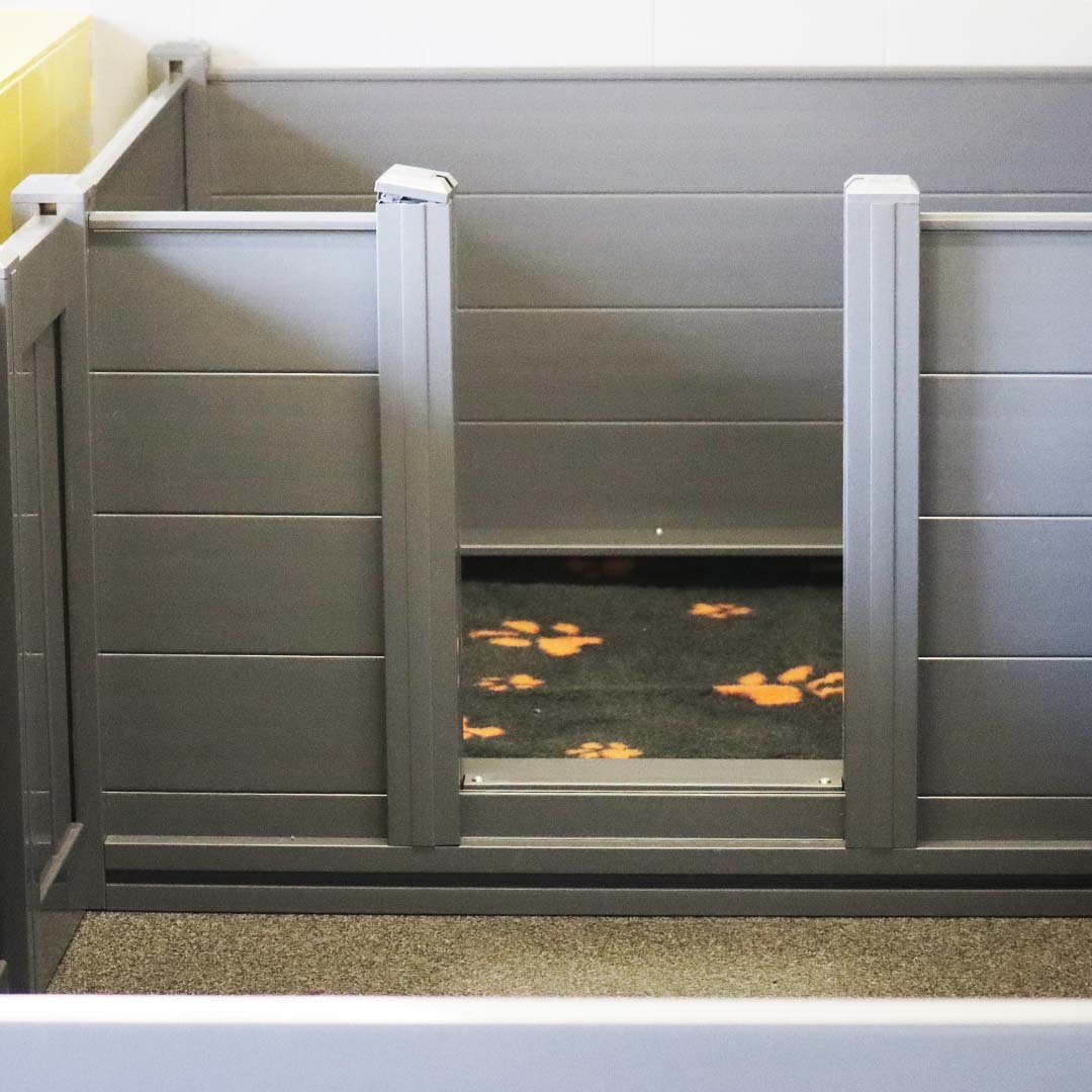 eine graue Welpenbox aus Plastik, mit einer kuscheligen Decke