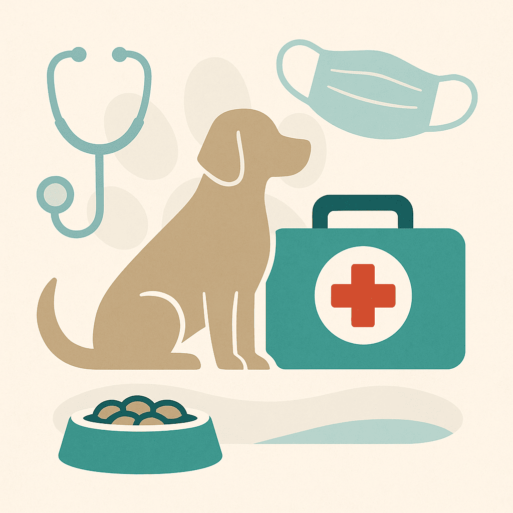 Kastration des Hundes, grafisch dargestellt mit Arztkoffer, Stetoskop