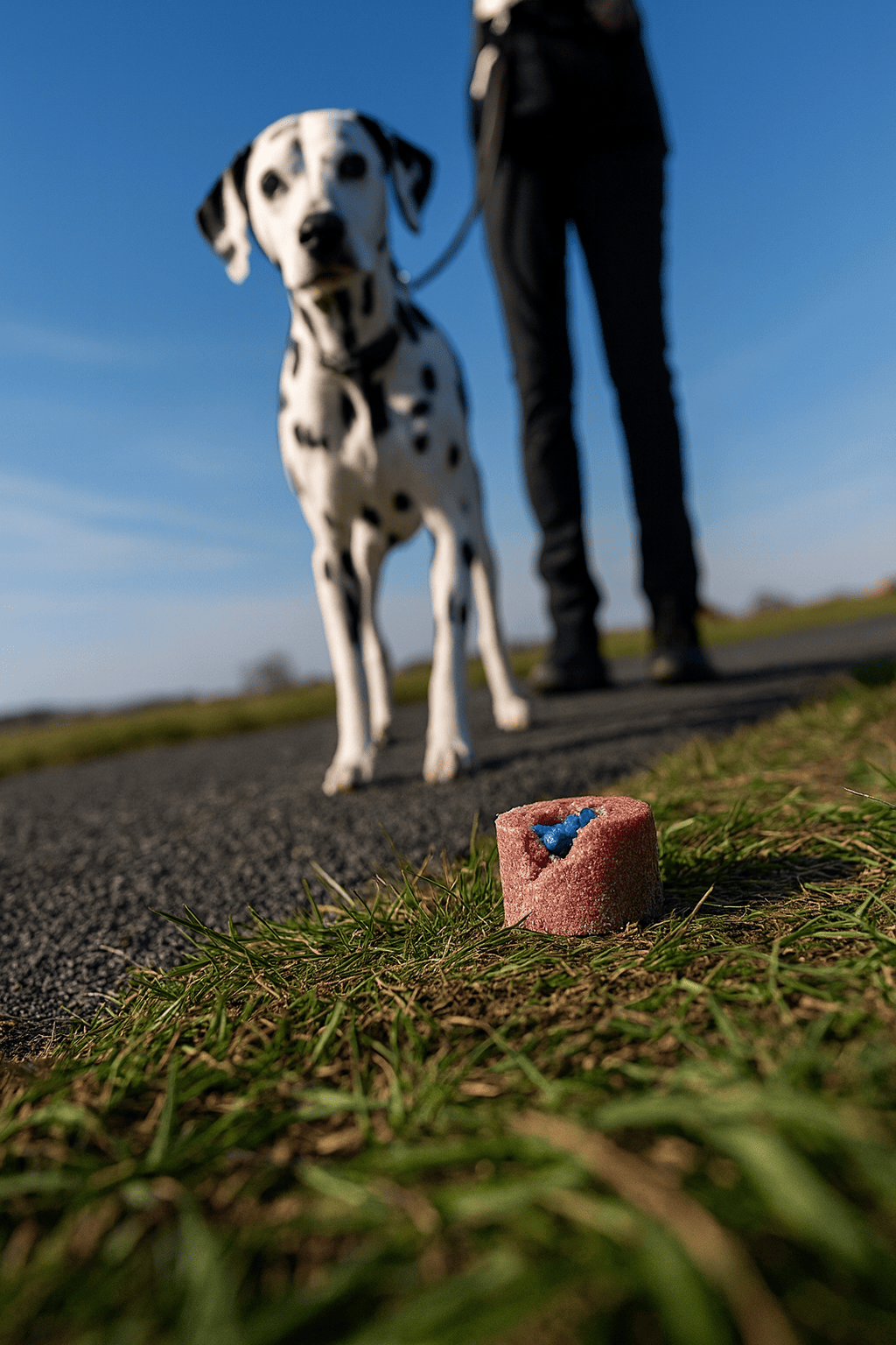 Antigiftköder Training, Dalmatiner an einer Leine mit seinem Besitzer auf einer Landstraße, am Rand der Straße liegt ein Giftköder