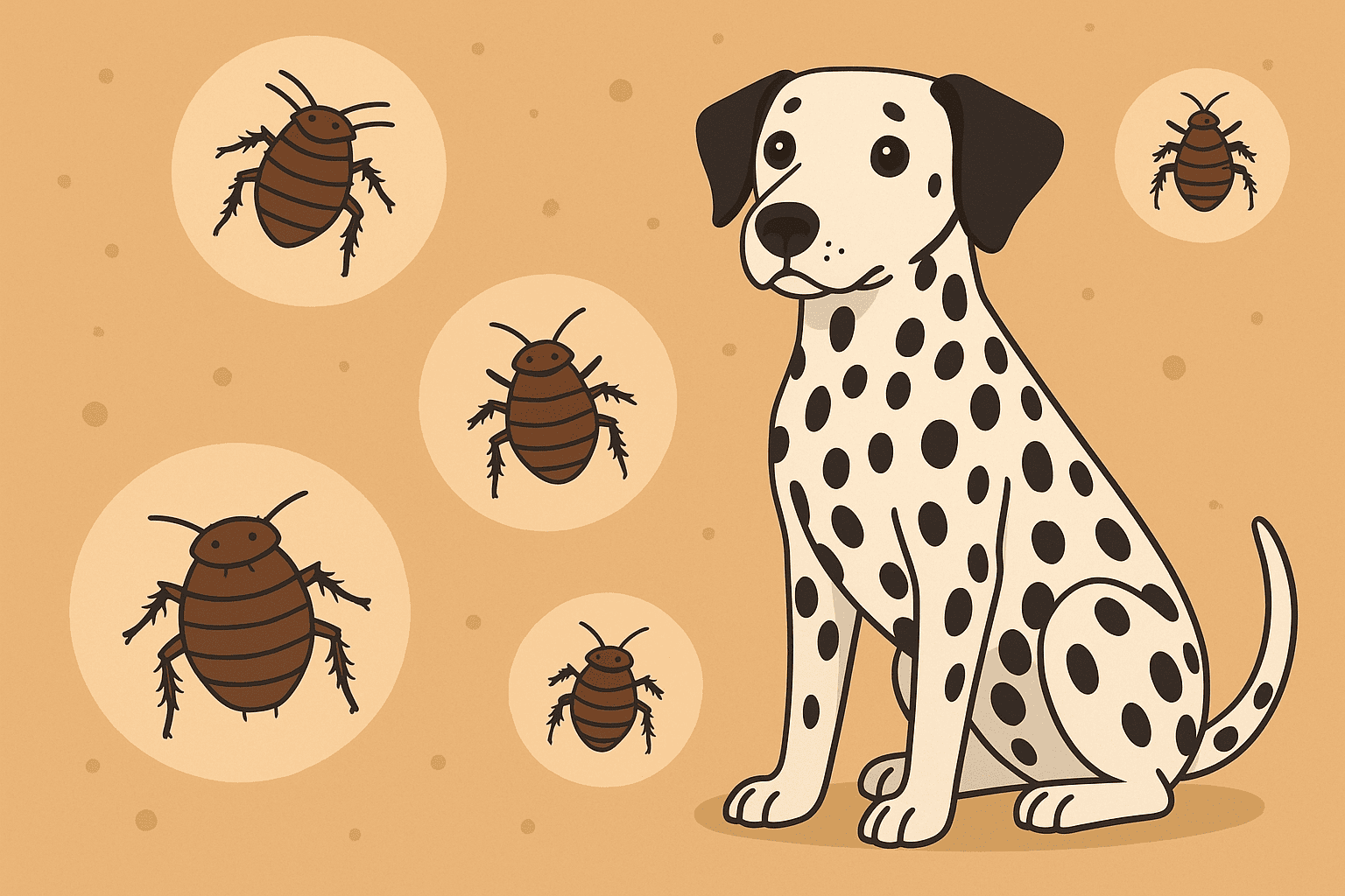 Flöhe Dalmatiner, Hund auf einem Bild, heller Hintergrund, Flöhe dargestellt