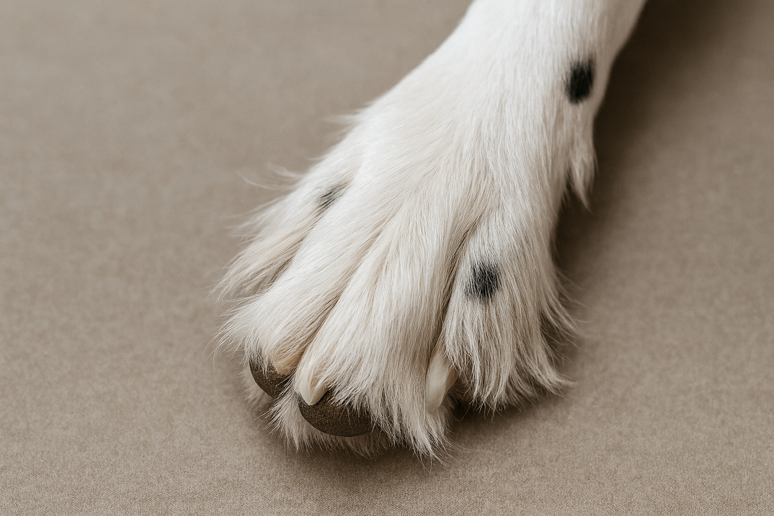 Langhaar Dalmatiner Pfote auf hellem Hintergrund