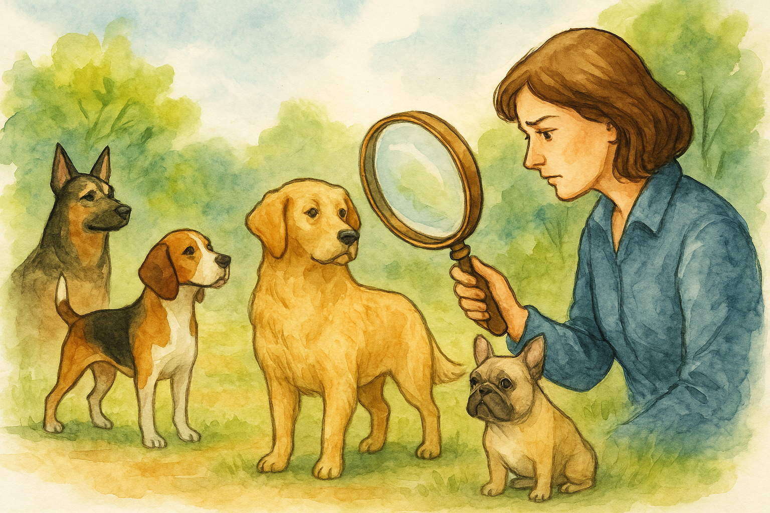 ein Frau hält eine Lupe in der Hand, und prüft, welcher Hund der Richtige für sie ist