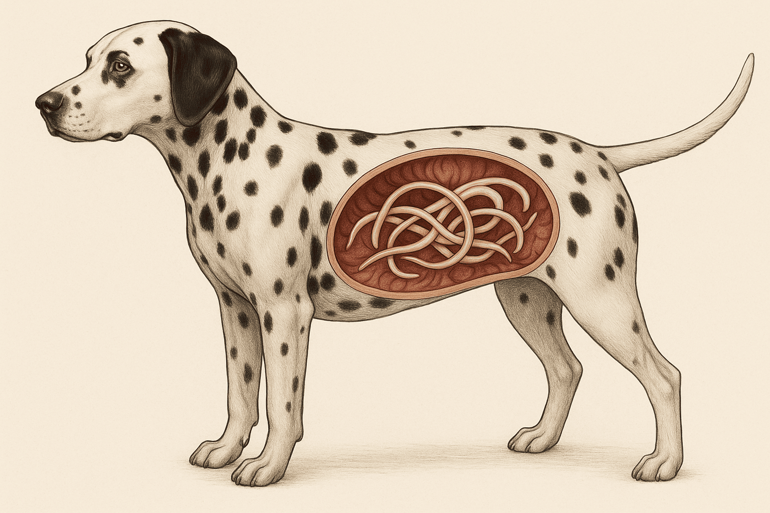 Dalmatiner befallen mit Parasiten, Würmer