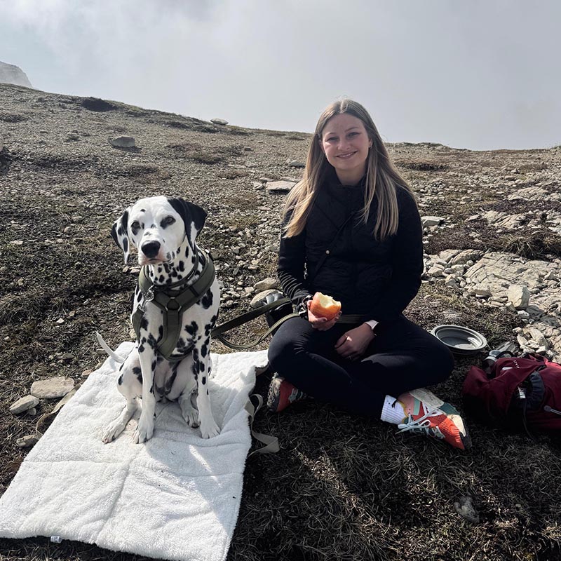 eine Frau und eine Dalmatiner Hündin sitzen auf einen Berg