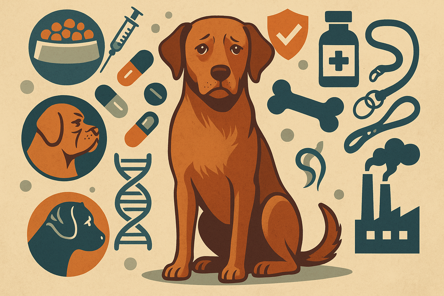 Hund mit Spritze, Genen, Medikamenten, Tabletten, Futter, Leckerlies