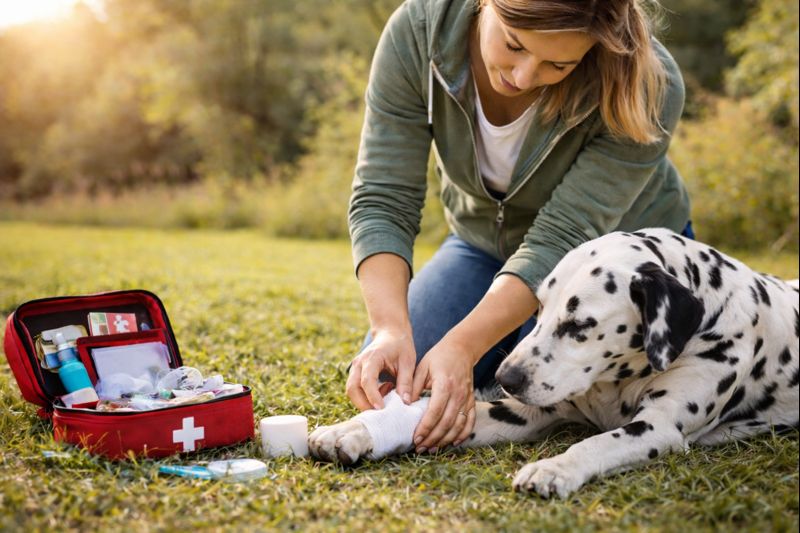 Frau legt Verband um die Pfote Ihres Dalmatiners